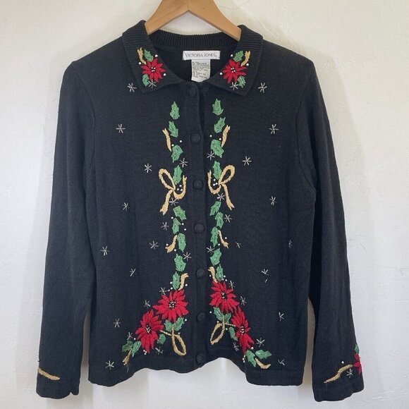 Victoria Jones Woman Sweaters - Vtg Victoria Jones Christmas Cardigan Sweater Black Embroidered Beaded Size S